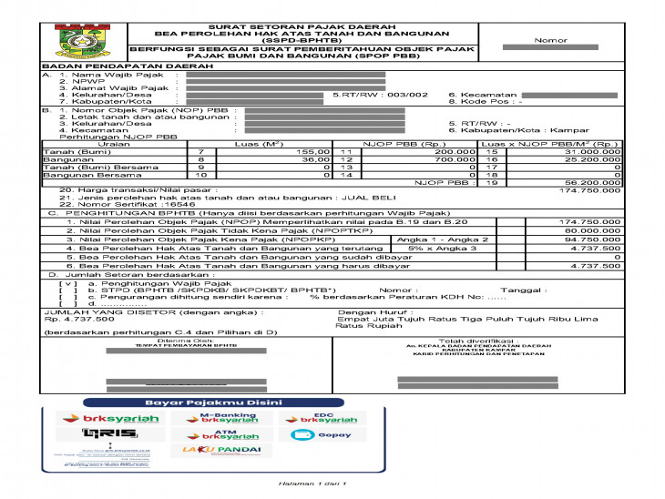 Channel Pembayaran Pajak Daerah Lainnya pada Billing Bayar dan SKPD Bapenda Kampar
